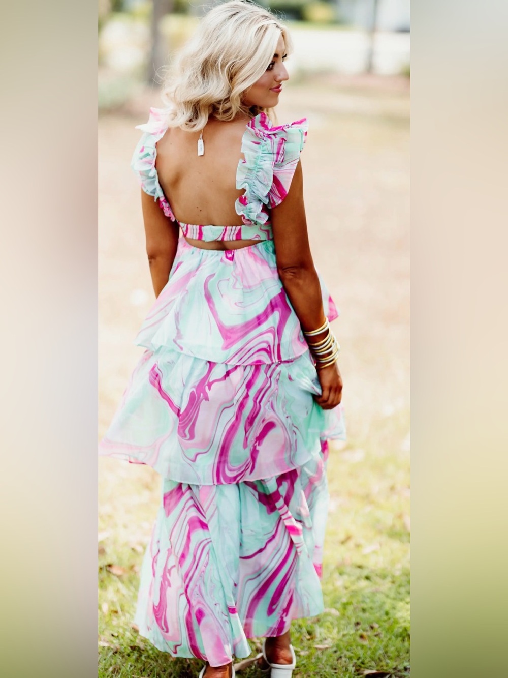 Karlie Aqua Pink Multi Swirl Organza Tiered Maxi Dress Ruffle Strap L NWT - Picture 2 of 8